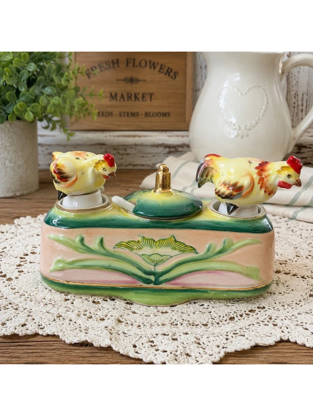Vintage Occupied Japan Nodding Chicken Salt & Pepper Set with Mustard Pot